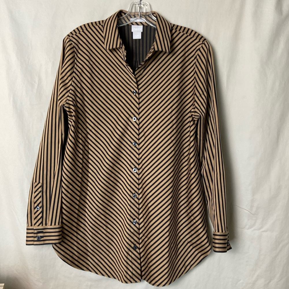 Womens Long Sleeves Button Down Shirt 1 Chicos Brown Black Stripe Cotton Stretch